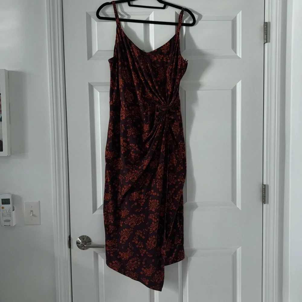 nine britton Black Asymmetrical Slip Dress with Rust Floral Print - Picture 1 of 10